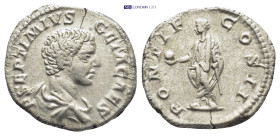 Geta, as Caesar, AR Denarius. (19mm, 3.5 g) Rome, AD 209. P SEPTIMIVS GETA CAES, bare headed and draped bust right / PONTIF COS II, Geta standing left...