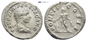 Geta, as Caesar, AR Denarius.(20mm, 2.8 g) Rome, AD 208-209. P SEPTIMIVS GETA CAES, bare head right / PONTIF COS II, Genius standing left, sacrificing...