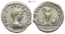 Geta. As Caesar, AD 198-209. AR Denarius (17mm, 3.6 g). Laodicea mint. Struck AD 198-200. Boy’s bareheaded and draped bust right / Emblems of the pont...