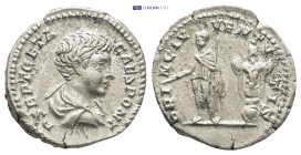 Geta. Denarius. 200-202 AD. Rome. (18mm, 3.5 g) Anv.: P SEPT GETA CAES PONT, bare-headed and draped bust to right. Rev.: PRINC IVVENTVTIS, prince stan...