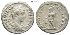 Caracalla (198-217 AD). AR Denarius (18mm, 3.6 g), Rome, 206 AD. Obv. ANTONINVS PIVS AVG, Laureate head right. Rev. PONTIF TR P VIIII COS II, Mars, in...