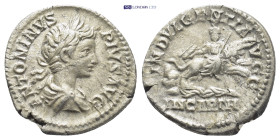 CARACALLA (198-217). Denarius. (18mm, 3.4 g) Rome. Obv: ANTONINVS PIVS AVG. Laureate and draped bust right. Rev: INDVLGENTIA AVGG / IN CARTH. Dea Cael...