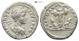 Caracalla (AD 198-217). AR denarius (18mm, 3.4 g). Rome, AD 201. ANTONINVS-PIVS AVG, laureate, draped and cuirassed bust of Caracalla right, seen from...