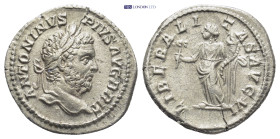 Caracalla, 198-217 AD. AR, Denarius. (19mm, 3.1 g) . Rome. Obv: ANTONINVS PIVS AVG BRIT. Head of Caracalla, laureate, bearded, right. Rev: LIBERALITAS...