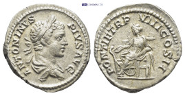 Caracalla, 198-217. Denarius (Silver, 19mm, 3.5 g). Roma, 205. ANTONINVS PIVS AVG Laureate and draped bust to right. Rev. PONTIF TR P VIII COS II Salu...