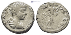 Caracalla, as Caesar, AR Denarius. (16mm, 3.0 g) Rome, AD 196-198. Bare-headed and draped bust right / Mars advancing right, holding spear and trophy.