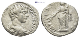 Caracalla, as Caesar, AR Denarius. (16mm, 3.0 g) Rome, AD 197-198. M AVR ANTON CAES PONTIF, bare-headed and draped bust to right / IMPERII FELICITAS, ...