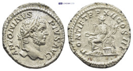 Caracalla; 198-217 AD, Rome, 209 AD, Denarius,(18mm, 2.6 g) Obv: ANTONINVS - PIVS AVG Head laureate r., with muttonchops. Rx: PONTIF TR P - XII COS II...