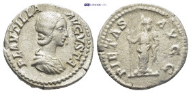 Plautilla. AD 202-205. AR denarius (18mm, 2.9 g). Rome mint, Struck A.D. 203. PLAVTILLA AVGVSTA, draped bust right / PIETAS AVGG, Pietas standing righ...