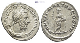 Macrinus (217-218). AR Denarius (20mm, 2.8 g), Roma (Rome). Obv. IMP C M OPEL SEV MACRINVS AVG, laureate and cuirassed bust right. Rev. PONTIF MAX TR ...