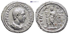 Diadumenianus (218) AR-Denarius, (19mm, 3.4 g). Rome, 218. Obv.: M OPEL ANT DIADVMENIAN CAES Draped bust r. Rev.: PRINC IVVENTVTIS Diadumenianus, thre...