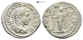 Elagabalus (218-222 AD). AR Denarius (19mm, 3.06), Rome (Roma). Obv. IMP ANTONINVS AVG, Laureate and draped bust right. Rev. FIDES MILITVM, Fides stan...