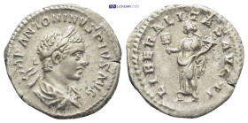 Elagabalus (AD 218-222). Silver denarius (19mm, 2.5 g). IMP ANTONINVS PIVS AVG, laureate, draped bust right / LIBERALITAS AVG III, Liberalitas standin...