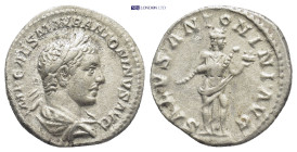 Elagabalus AR Denarius. (18mm, 2.5 g) Rome, AD 218-222. IMP CAES M AVR ANTONINVS AVG, laureate and draped bust right / SALVS ANTONINI AVG, Salus stand...