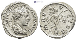 Elagabalus AR Denarius. (19mm, 2.8 g) Rome, AD 219. IMP CAES ANTONINVS AVG, laureate and draped bust right / MARS VICTOR, Mars advancing right, holdin...