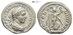 Elagabalus AR Denarius. (20mm, 3.0 g) Rome, AD 219. IMP CAES ANTONINVS AVG, laureate, draped and cuirassed bust right / VICTOR ANTONINI AVG, Victory a...