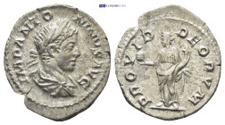 Elagabalus Denarius 218 - 222 AD Providentia Silver (18mm, 2.14 g); Obv: IMPANTONINVSAVG - Laureate, draped bust right. Rev: PROVIDDEORVM - Providenti...