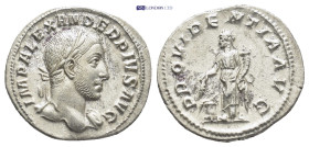 SEVERUS ALEXANDER (222-235). Denarius. (20mm, 2.9 g) Rome. Obv: IMP ALEXANDER PIVS AVG. Laureate bust right, with slight drapery. Rev: PROVIDENTIA AVG...