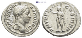 SEVERUS ALEXANDER (222-235). Denarius. (20mm, 3.0 g) Rome. Obv: IMP SEV ALEXAND AVG. Laureate head right, slight drapery. Rev: P M TR P VIIII COS III ...
