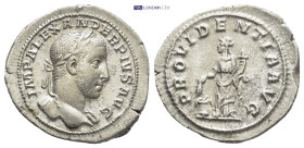 SEVERUS ALEXANDER (222-235). Denarius. (21mm, 2.7 g) Rome. Obv: IMP ALEXANDER PIVS AVG. Laureate bust right, with slight drapery. Rev: PROVIDENTIA AVG...