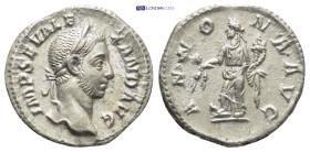 Severus Alexander. AD 222-235. AR Denarius (19mm, 3.0 g). Rome mint. AD 228. Laureate head right / Annona standing left, right foot on prow, holding g...