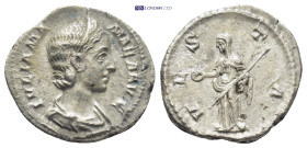 JULIA MAMAEA. 222-235 AD.Rome mint.AR Denarius. (20mm, 3.0 g) IVLIA MAMAEA AVG, diademed and draped bust right / VESTA, Vesta standing left, holding s...