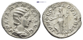 Julia Mamaea; Rome, 222-4 AD, Denarius, (19mm, 3.3 g) Rx: IVNO CONSERVATRIX Juno standing l. holding patera and scepter, peacock at feet..