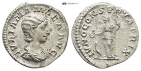 Julia Mamaea; Rome, 222-4 AD, Denarius,(19mm, 2.8 g) Obv: IVLIA MAMAEA AVG Bust draped r. Rx: IVNO CONSERVATRIX Juno standing l. holding patera and sc...