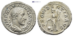Maximinus I AR Denarius. (21mm, 3.0 g) Rome, AD 236-237. Laureate, draped, and cuirassed bust right / Providentia standing facing, head left, holding ...