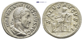 Maximinus I, denarius. (20mm, 3.1 g) 235-238 AD. IMP MAXIMINVS PIVS AVG, laureate, draped and cuirassed bust right / SALVS AVGVSTI, Salus seated left,...