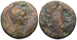 Augustus. Æ Sestertius, 27 BC-AD 14. Pergamum, ca. 25 BC. AVGVSTVS, radiate head of Augustus right. Reverse: Large CA in beaded circle within wreath....