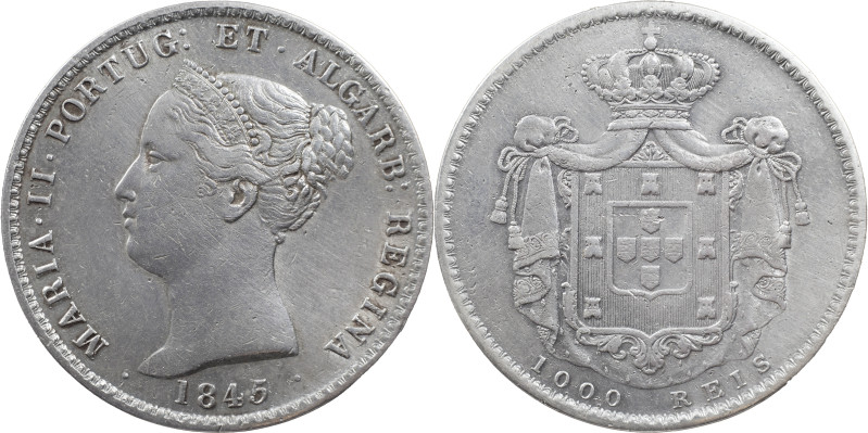 Portugal
D. Maria II (1834-1853)
1000 réis Lisbon 1845
AG: 40.05 29.48 g
XF