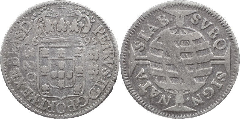 Brasil
D. Pedro II (1683-1706)
320 réis 1695 Bahia
AG: 19.01 8.93 g
VF