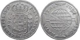Brasil
D. João Regent (1799-1816)
960 réis 1816 Bahia
Restrike Above 8 spanish reales
AG: 31.10 26.92 g
AU