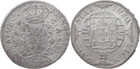 Brasil
D. João VI (1816-1822)
960 réis 1820 Rio of Janeiro
Restrike Above 8 spanish reales
AG: 25.10 26.84 g
AU