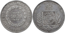 Brasil
D. Pedro II (1831-1889)
1000 réis 1866
KM# 465 12.73 g
Good XF