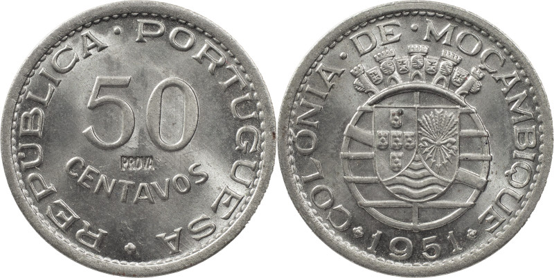 Mozambique
Portuguese Republic (1910-Present)
Incuse "Prova" of 50 centavos 1951...