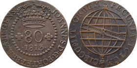 Sao Tome and Principe
D. João Regent (1799-1816)
80 réis 1813 R
AG: 03.01 14.03 g
Good XF