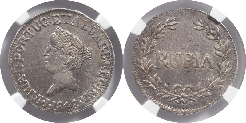 Certified Coins
Portuguese India
D. Maria II Rupia ( 600 réis ) Goa 1848
NGC AU ...