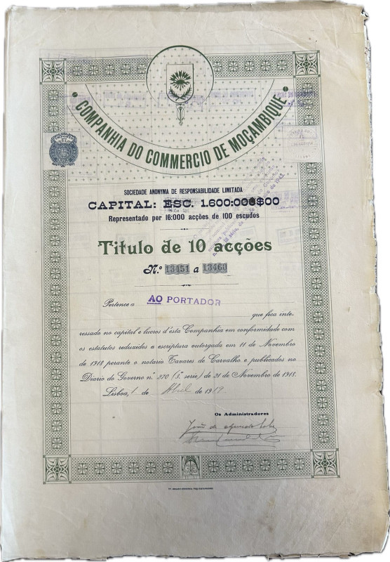 Portugal
Company do Comércio de Moçambique 1919. Title of 10 stocks. With beauti...