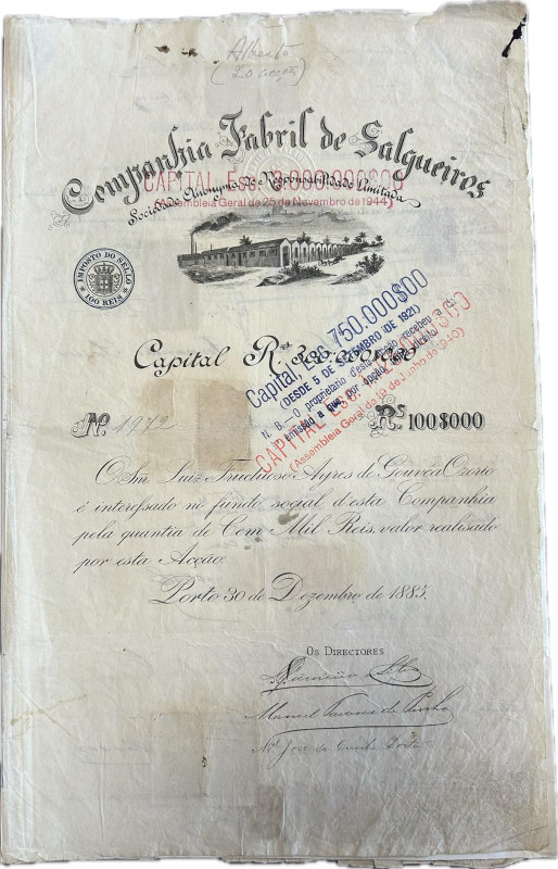 Portugal
Company Fabril de Salgueiros 1885. Title of 1 stock. With beautiful sig...