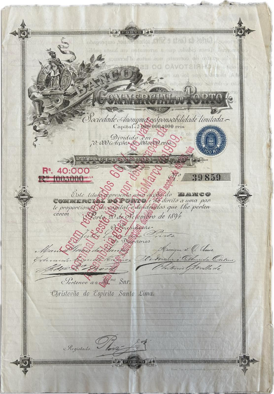 Portugal - Banco Commercial do Porto 1894. Title of one
stock. Signed ans stampe...