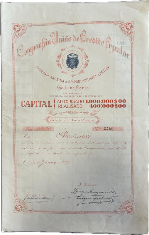 Portugal - Company de Crédito Popular 1928. Title of one 
stock. Signed and stam...