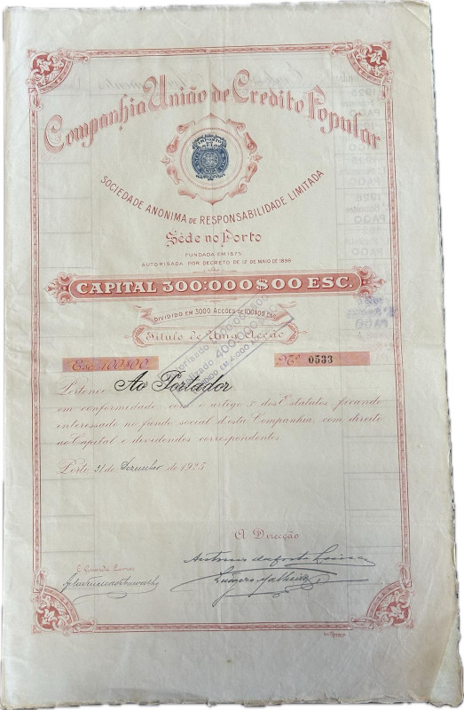 Portugal - Company de Crédito Popular 1925. Title of one 
stock.Capital 300.000$...