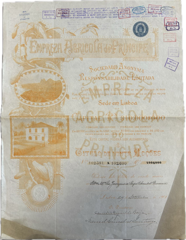 Portugal - Empreza Agricola do Principe SARL 1901. Title of 
20 stocks. Signed a...