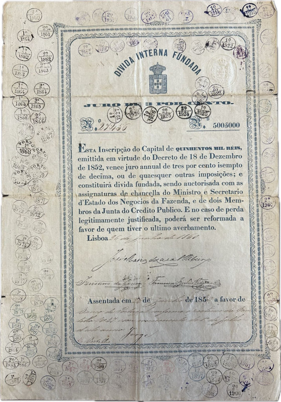 Portugal - DIVIDA INTERNA FUNDADA 1850. 500.000 Reis, interest of 3%. Signed and...