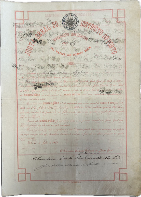 Portugal - Junta Geral do Distrito do Porto 1889. Title of one obligation. Good ...