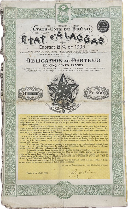 Brazil - Estados Unidos do Brasil 1906. Title of one obligation of 500 Francs. L...