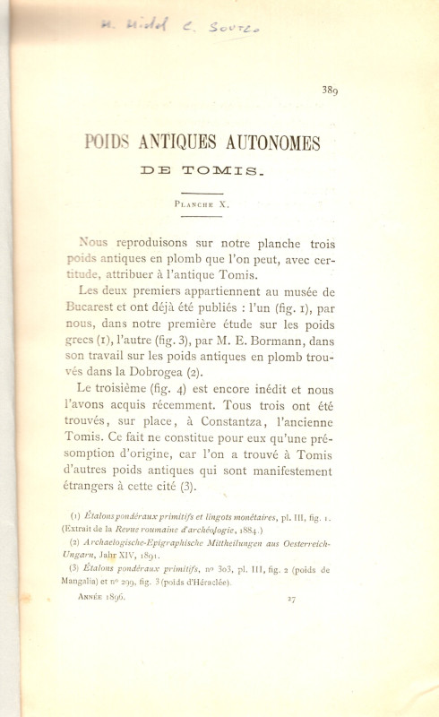 SOUTZO C. Michel - Poids antiques autonomes de Tomis. Paris, 1896. pp 389-392, t...