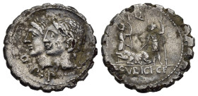 Repubblica Romana. C. SULPICIUS C.F.GALBA. Roma. Denario. 106 a.C. AR (3,69 g). D/ teste affiancate e laureate dei Penati; R/ due soldati affrontati, ...